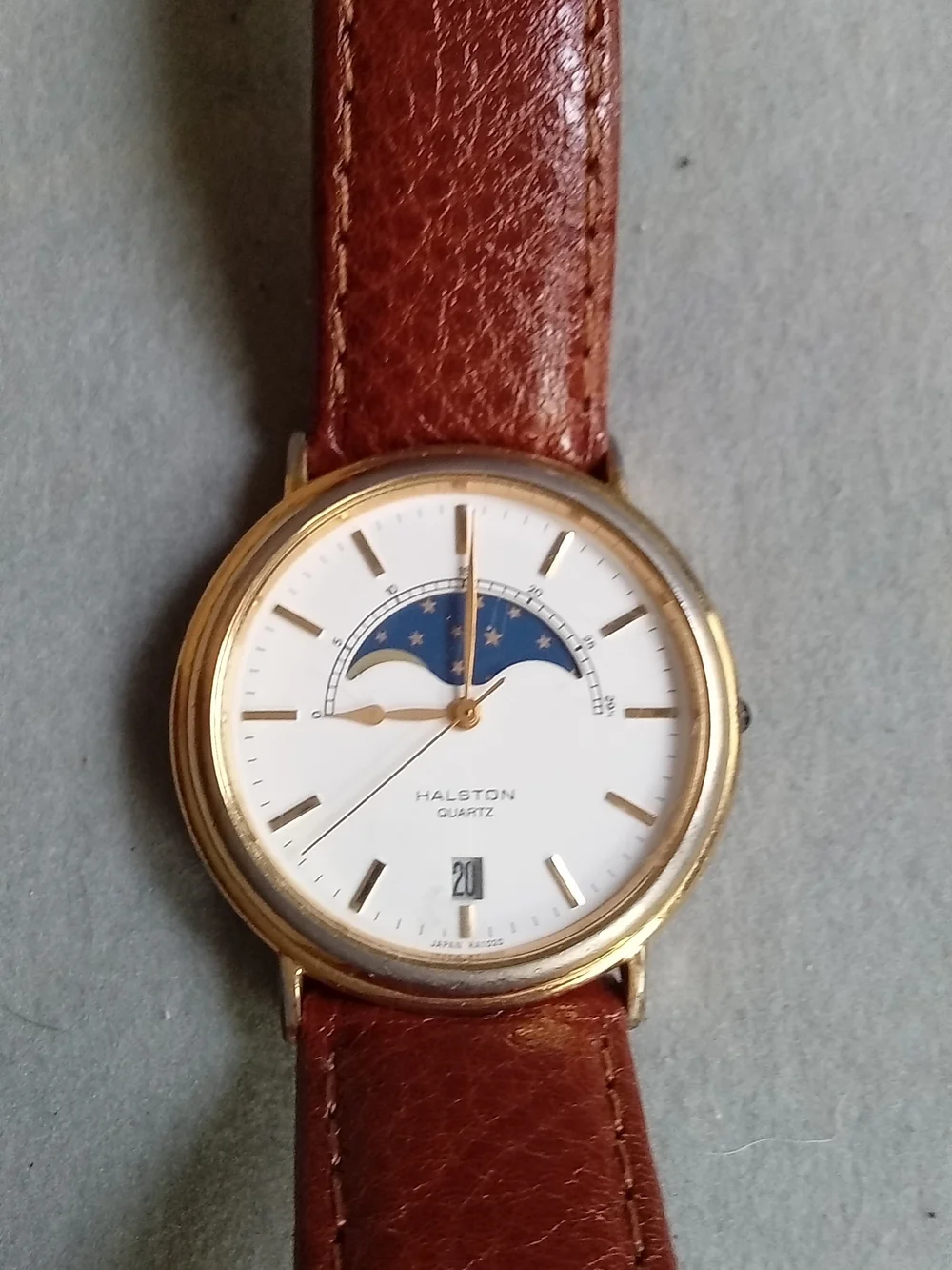 Halston Quartz Watch Moon Phase Date Gold Tone Brown Leather Strap 001-6M85